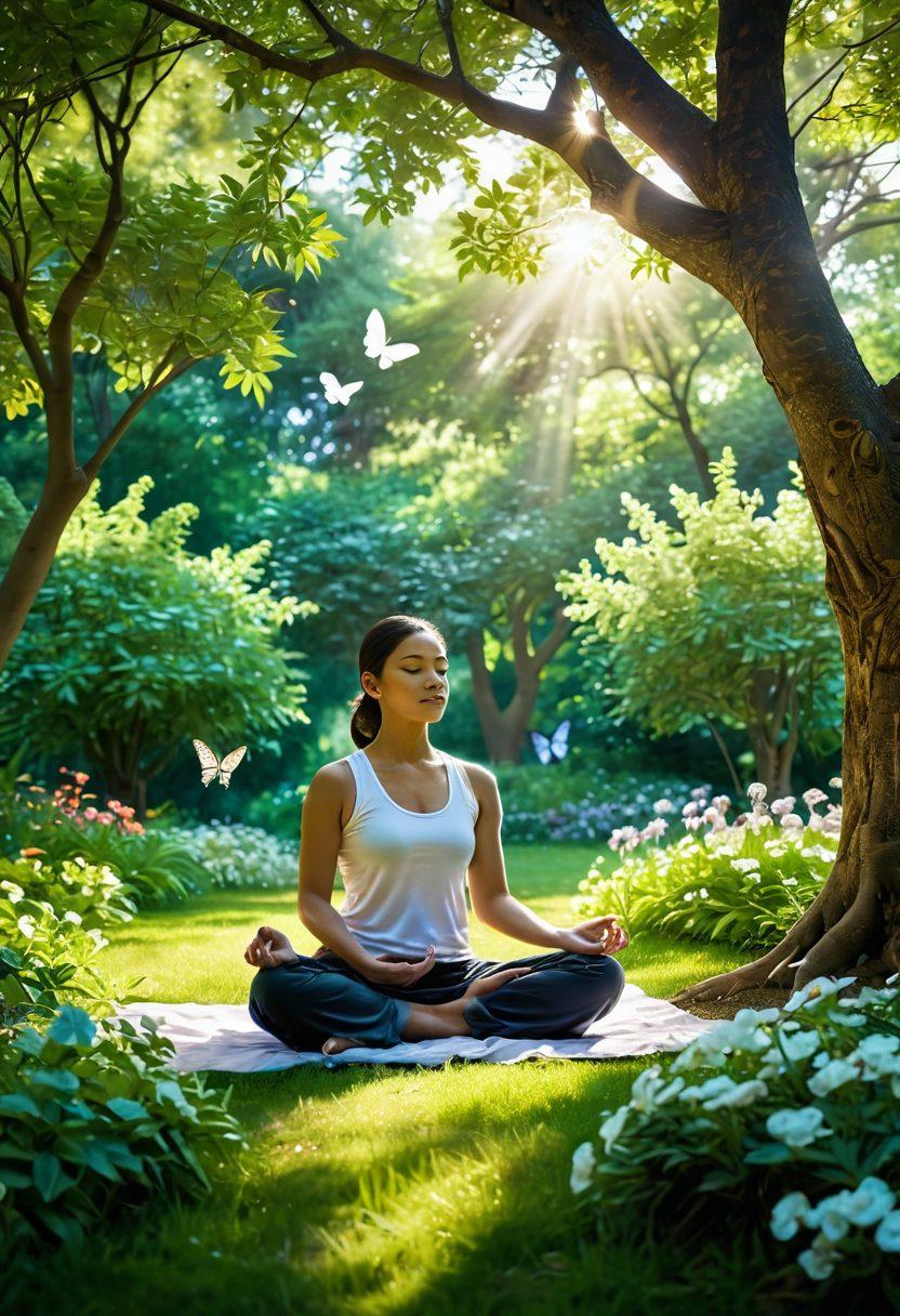 A serene landscape depicting a person meditating in a lush green park, surrounded by blooming flowers and sunlight filtering through the trees. Incorporate symbols of hope and resilience, like a butterfly and a ribbon intertwined with plants. The atmosphere should evoke peace and renewal, highlighting themes of wellness and recovery. super-realistic. vibrant colors. soft focus.