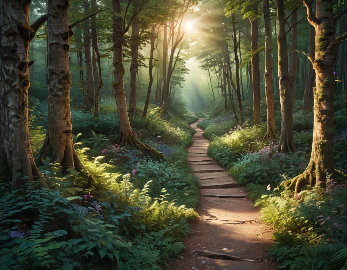 An intricate path winding through a lush forest, symbolizing the journey of cancer treatment. Alongside the path, icons representing various cancer types and treatment options, like ribbons, charts, and supportive figures. A warm light filtering through the trees, indicating hope and survivorship. The scene conveys resilience and support, inviting the viewer on an emotional journey. super-realistic. vibrant colors.