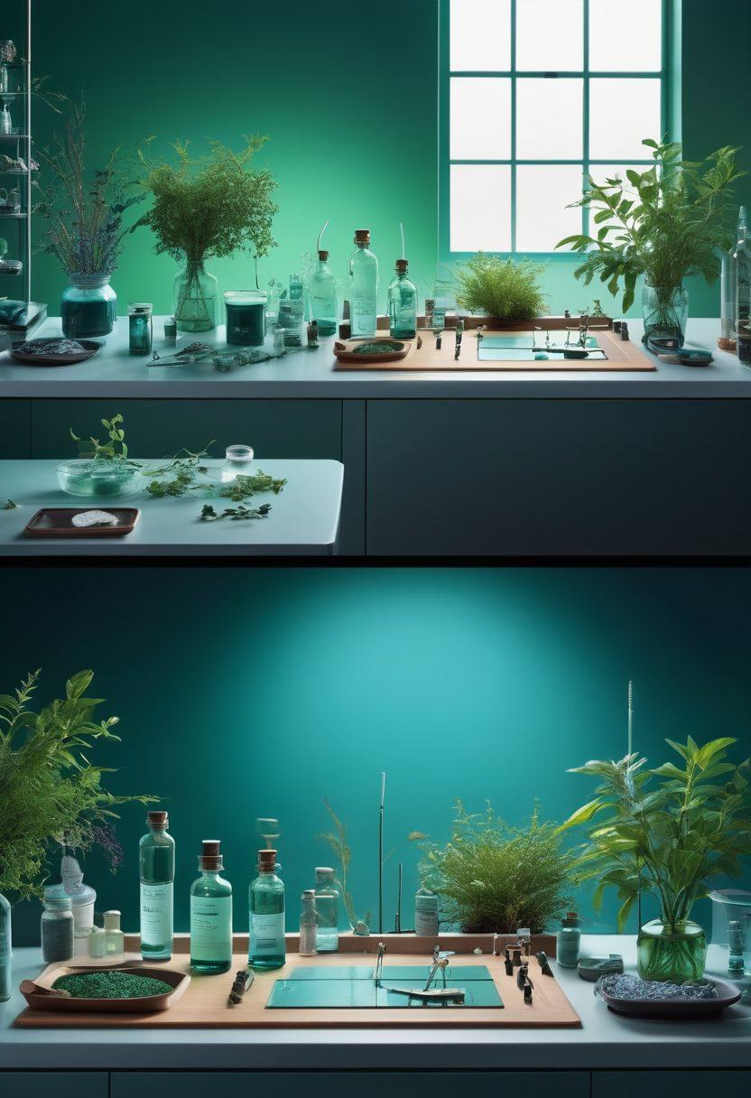 A split image showcasing a serene traditional therapy setting with herbal remedies on one side and a high-tech laboratory with futuristic clinical trial equipment on the other. Include symbols of healing like acupuncture needles and modern devices like gene editing tools in an engaging layout. Expand the color palette with calming green tones on the traditional side and sleek metallic blues on the innovative side. super-realistic. vibrant colors. contrasting styles.